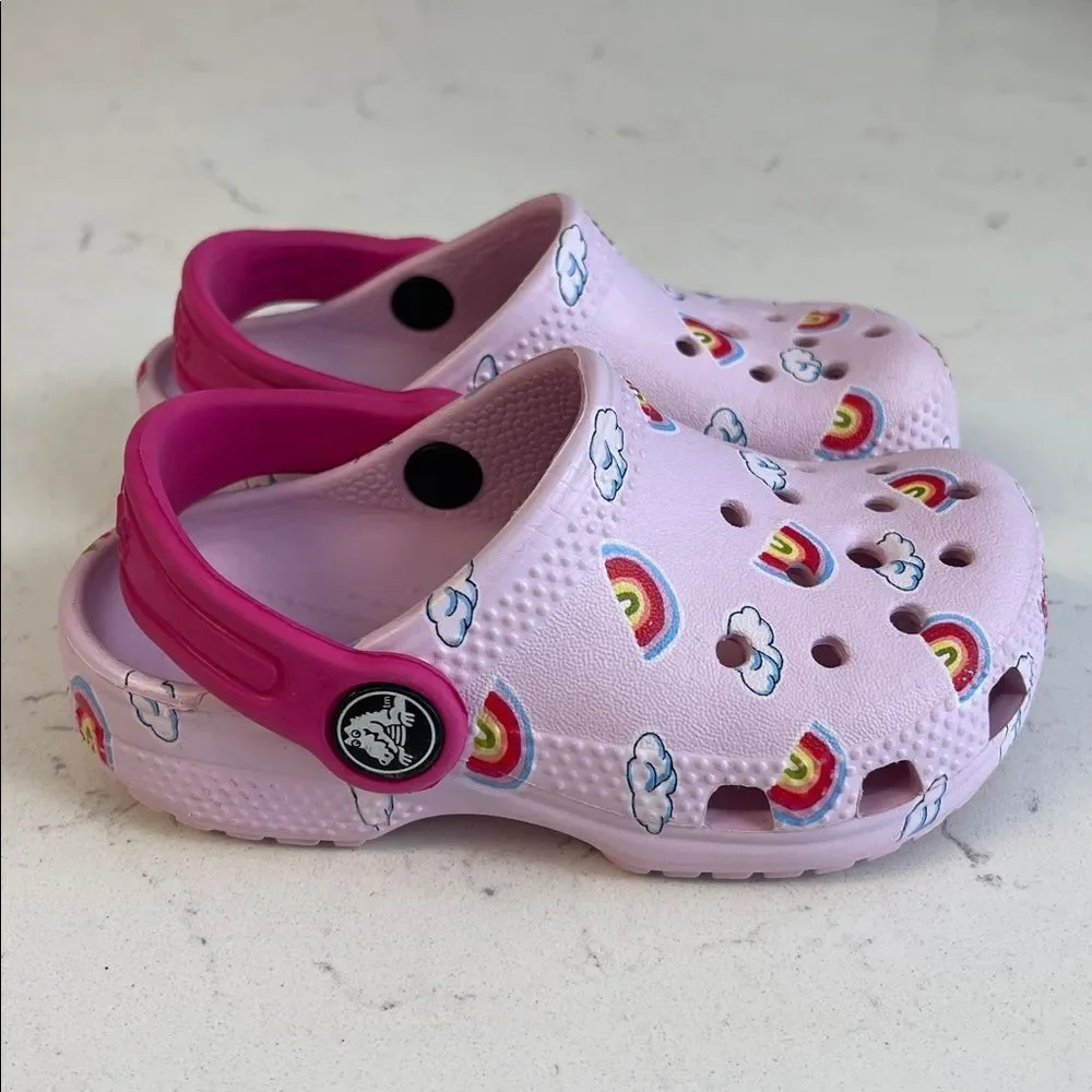 CROCS Kids Light Pink Clogs with Rainbow & Cloud Design Size 7